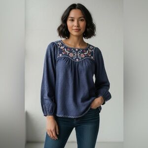 Max Studio Navy Floral Embroidered Swiss Dot Blouse L/XL